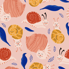 Vector seamless pattern design. Cute and funny snails cats isolated on the white background. Trendy animals in caps and glasses. Creative childish pink texture. Great for fabric, textile.