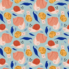 Vector seamless pattern design. Cute and funny snails cats isolated on the white background. Trendy animals in caps and glasses. Creative childish pink texture. Great for fabric, textile.
