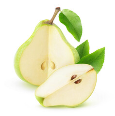 Isolated green pear. One green pear with cut out piece isolated on white background