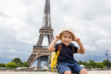 Happy blond toddler child, boy, visiting Paris during the summer, standing in front of the Eiffel...