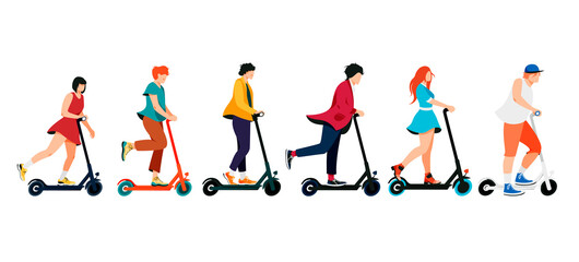 Fototapeta na wymiar Set of millennial people riding electric kick scooter vector illustration. Eco friendly flat style urban vehicle collection. Sharing service. E-scooter isolated on white background.