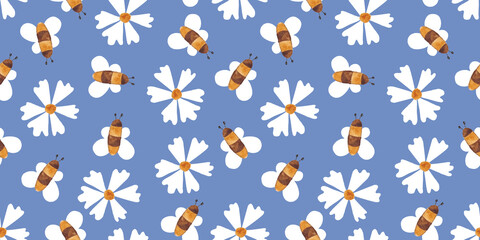 Cute seamless floral pattern with chamomile and bees in vintage style for fabrics, paper, textile, gift wrap on blue background 