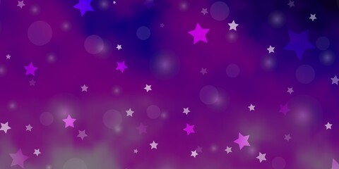 Light Purple, Pink vector backdrop with circles, stars. Abstract illustration with colorful shapes of circles, stars. Design for textile, fabric, wallpapers.