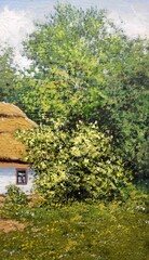 Fototapeta na wymiar Oil paintings landscape, old hut with tree. Fine art.