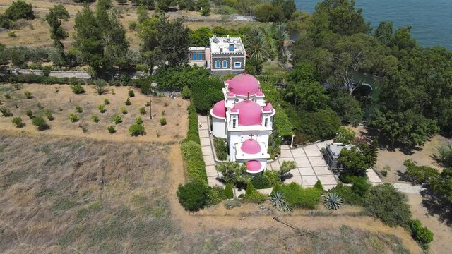 Aerial view of the Church of the Apostles and Greek Orthodox Monastery are located on the shores of the Sea of Galilee, not far from Tiberias city in northern Israel