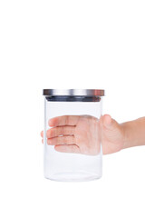 Hand hold Empty glass jar with aluminum lid isolated on white background