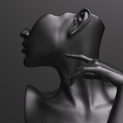 Black mannequin and elegant hand for earring jewelry presentation. Female Bust sculpture profile. 3d rendering. - obrazy, fototapety, plakaty