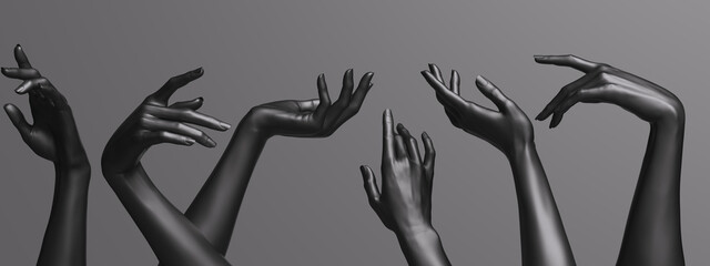 Many female hands elegant gesture, black mannequin hands up in a row – art fashion background. 3d rendering - obrazy, fototapety, plakaty
