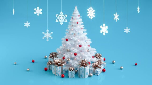 White decorated Christmas tree with sparkling illuminated Christmas lights and gift boxes. Christmas greeting card with snowflakes. Seamless 4K 3D animation. 3D rendering.