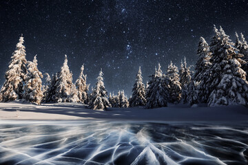 Starry sky in winter snowy night. Majestic landscape. Courtesy of NASA