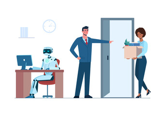 The robot is in the workplace, and person is fired. Woman lost her job due to robotics. Business people, africans, unemployment. Artificial intelligence has replaced humans. Flat vector, isolated