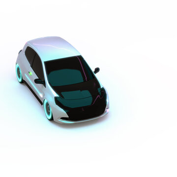 Aerial View of Luxury Futuristic Electric Compact City Car in Neon Light.