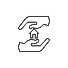 Safe home line icon. linear style sign for mobile concept and web design. Hand holding home outline vector icon. Symbol, logo illustration. Vector graphics