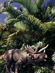 Dinosaur in the forest and green fern © Solarisys