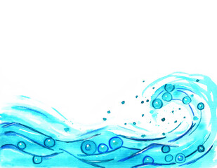 Hand drawn watercolor turquoise sea wave. Horizontal illustration with empty white place for text, for marine design.