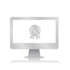 approval check certified stamp inside blank screen computer monitor with reflection minimalist modern icon vector illustration