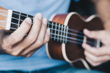 Fototapeta premium A young man playing the ukulele, Concept music player