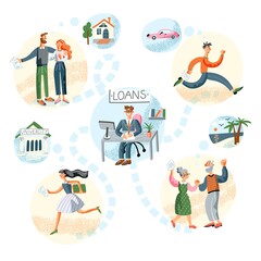 Fototapeta na wymiar Happy vector people loan bank service scene set