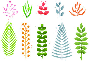 set of colorful vector trees and leaves illustration.