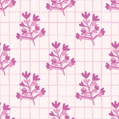 Fototapeta na wymiar Branch silhouettes naive seamless pattern. White background with check and pink colored floral elements.