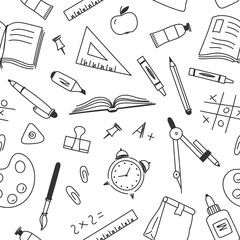 Seamless pattern of hand-drawn stationery objects. Black and white vector illustration for wrapping, fabric, wallpaper.
