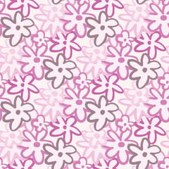 Spring seamless chamomile contours pattern. Pink, lilac and purple colors silhouettes.