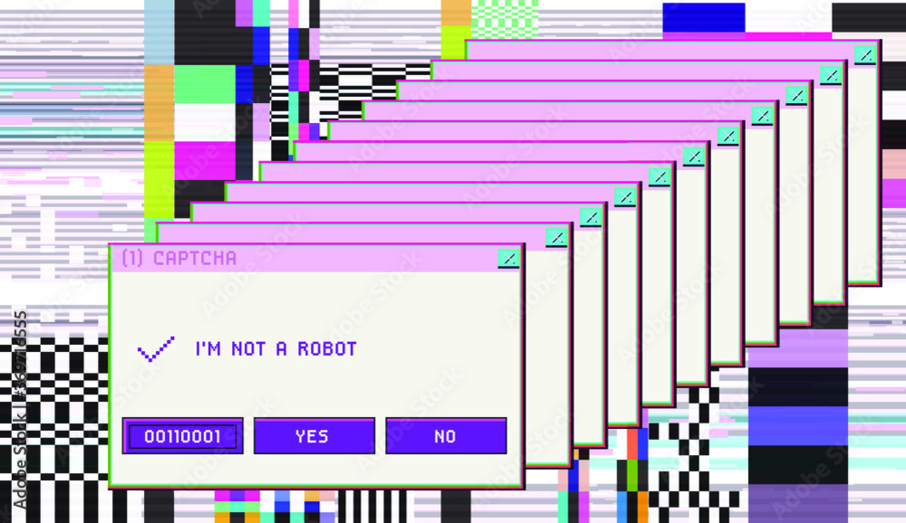 Poster Concept of  CAPTCHA — Completely Automated Public Turing test to tell Computers and Humans Apart. Glitched screen with pixel noise and message boxes.