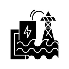 Wave energy black glyph icon. Ecologically safe power plant silhouette symbol on white space. Using sea waves power for electricity generation. Hydroelectric station vector isolated illustration