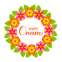 Happy Onam calligraphy hand lettering on colorful flower rangoli. South Indian Kerala traditional festival. Vector template for banner, typography poster, greeting card, flyer, etc
