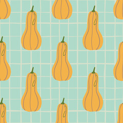 Autumn food pumpkin doodle seamless pattern. Blue background with check and light orange vegetable elements.