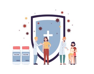 Medical vaccine poster with doctors giving injection to patients.