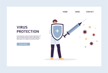 Virus protection web banner with doctor holding shield flat vector illustration.