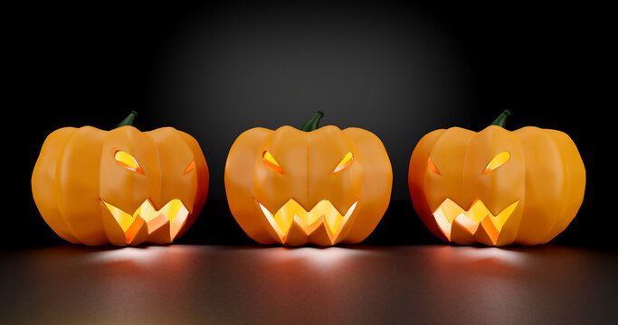 3d render. Celebration halloween pumpkin head carving smile and scrary eyes used to decorate in october isolated on black background.