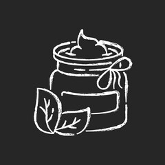 DIY cosmetics chalk white icon on black background. Eco friendly and homemade beauty products. Jar with organic moisturizing cream, natural herbal lotion isolated vector chalkboard illustration