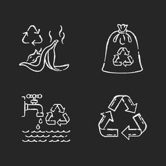 Zero waste tips chalk white icons set on black background. Food waste recycling, compostable trash bag and water use reduction. Sustainable lifestyle rules. Isolated vector chalkboard illustrations