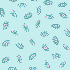 Random eye doodle seamless pattern. Hand drawn abstract face ornament on blue background.