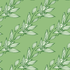 Pastel seamless doodle pattern with foliage contoured shapes. White floral outline ornament on light green background.