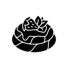 Pavlova black glyph icon. Meringue based dessert with strawberries and whipped cream. National Australian cuisine. New Zealand cuisine. Silhouette symbol on white space. Vector isolated illustration