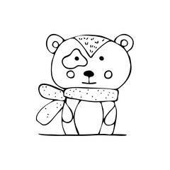 Vector illustration of a charming teddy bear in a scandi style winter scarf drawn by hand. Baby, cute forest animal new year and christmas postcards