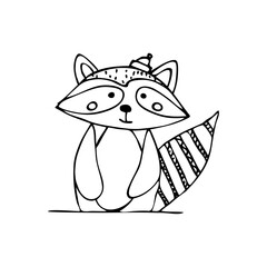 Vector illustration of a charming raccoon in a scandi style hat drawn by hand. Baby, cute forest animal new year and christmas postcards