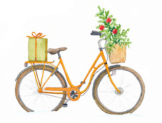 Fototapeta na wymiar Bicycle in snow with Christmas tree and Christmas gift painted with watercolour