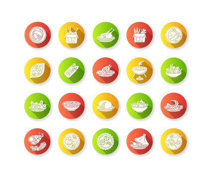 Best national dish flat design long shadow glyph icons set. Traditional meal for tourist attraction. Lunch recipe. Ingredient for restaurant dinner. French fries. Silhouette RGB color illustration