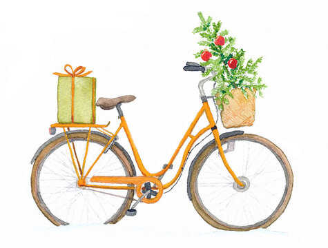Bicycle in snow with Christmas tree and Christmas gift painted with watercolour