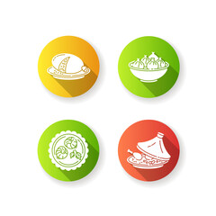 Naklejka premium Traditional dish flat design long shadow glyph icons set. Scottish haggis. Oriental khinkali. Asian dish. Chinese dumpling. Escargot de bourgogne. Tagine in crockery. Silhouette RGB color illustration
