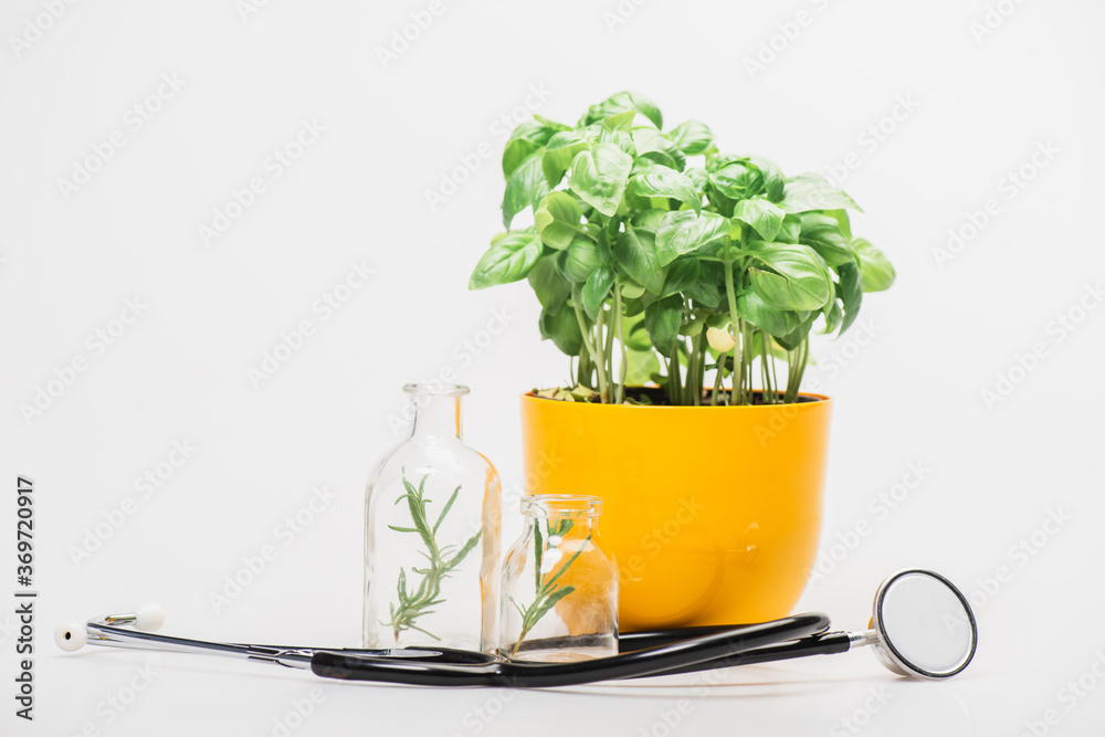 Wall mural green plant in flowerpot near herbs in glass bottles and stethoscope on white background, naturopath