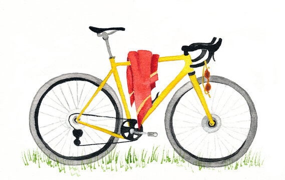 yellow bicycle with bath towel painted with watercolor