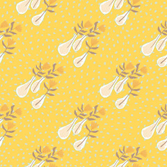 Summer botanic flowers seamless pattern. Floral ornament in a white vases on yellow background with dots.