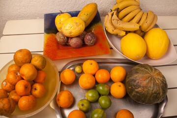 banana, melon, tangerine, passion fruit, papaya, pumpkin, lemon, orange