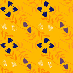 Summer seamless bright pattern with flower elements. Yellow background with navy blue and purple tulips.