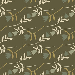 Autumn seamless pattern with tulip flower ornament. Brown background. Simple botanic print.
